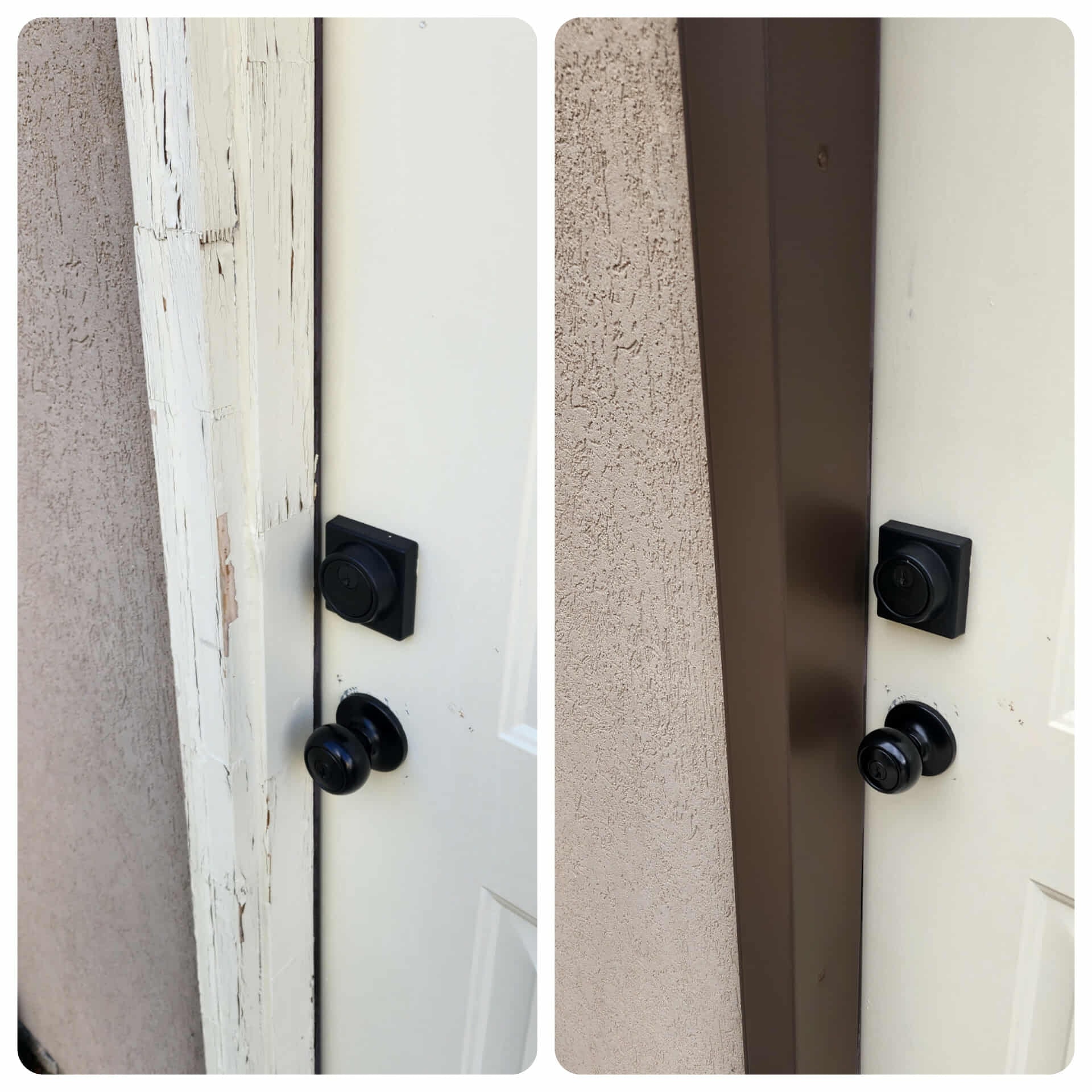 Peeling white door trim before and after bronze metal wrap