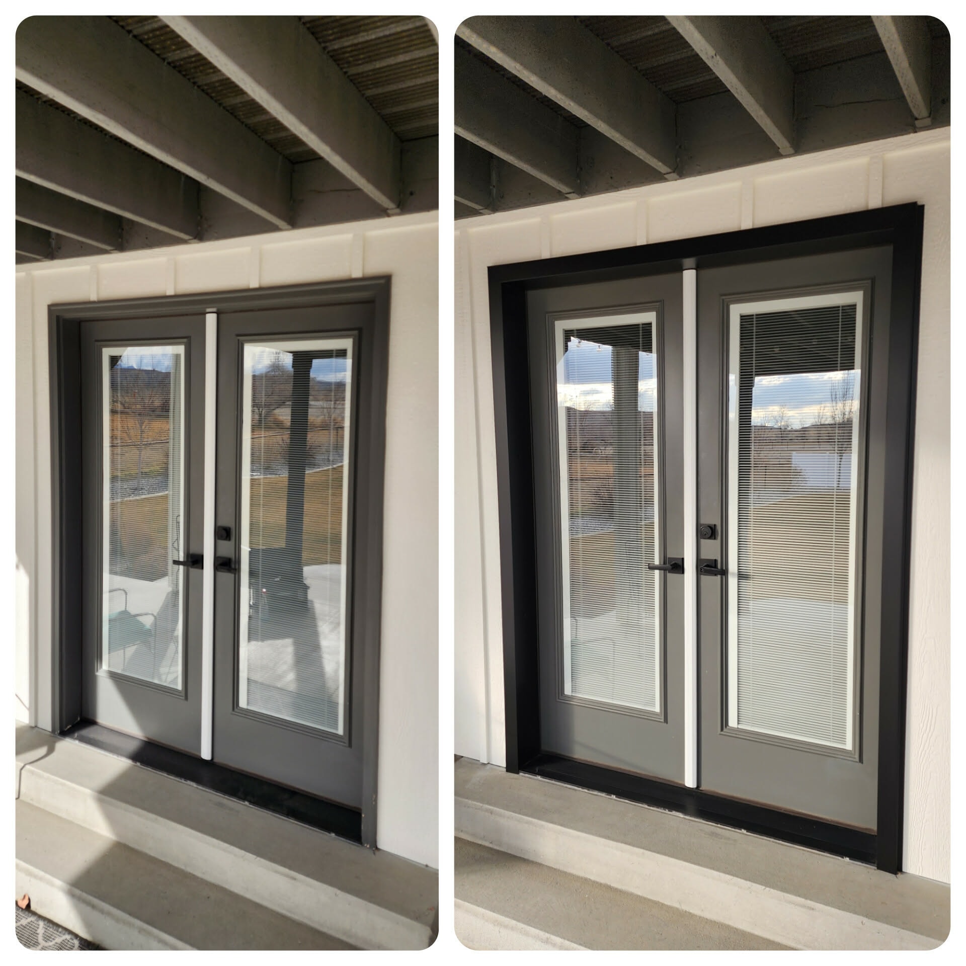 Double glass door before and after black trim wrap