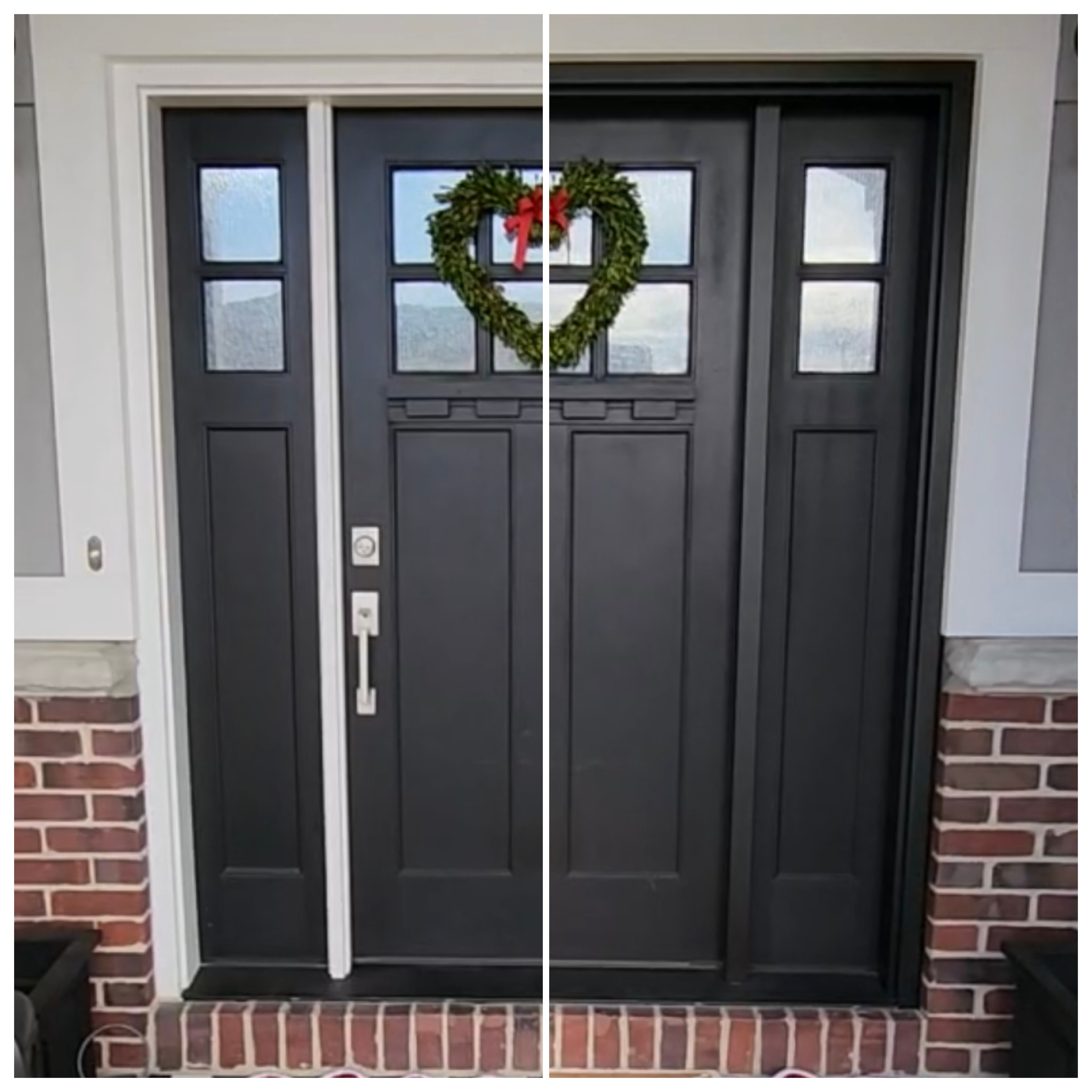 Black craftsman door with wreath before and after trim wrap