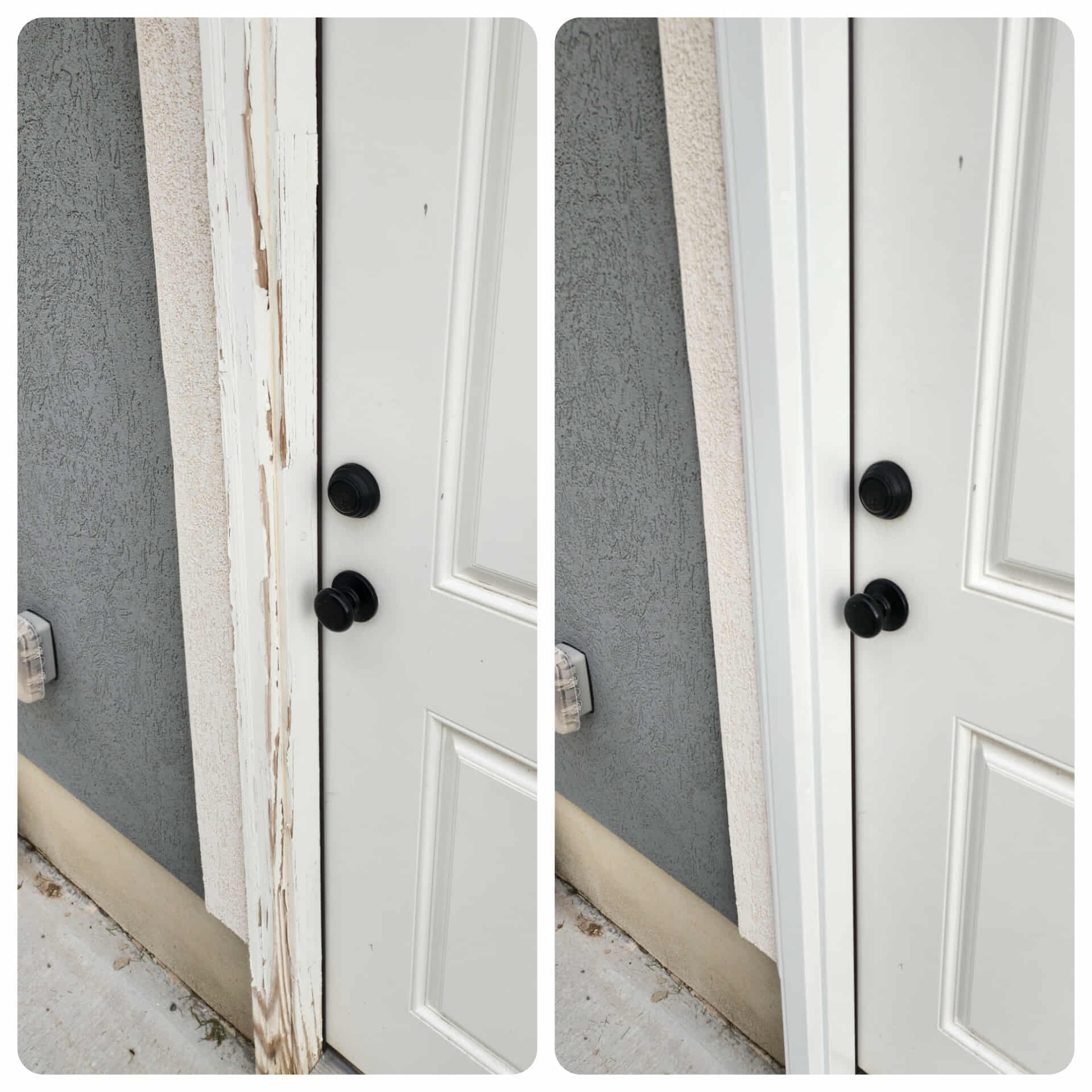 White door peeling trim before and after white metal wrap