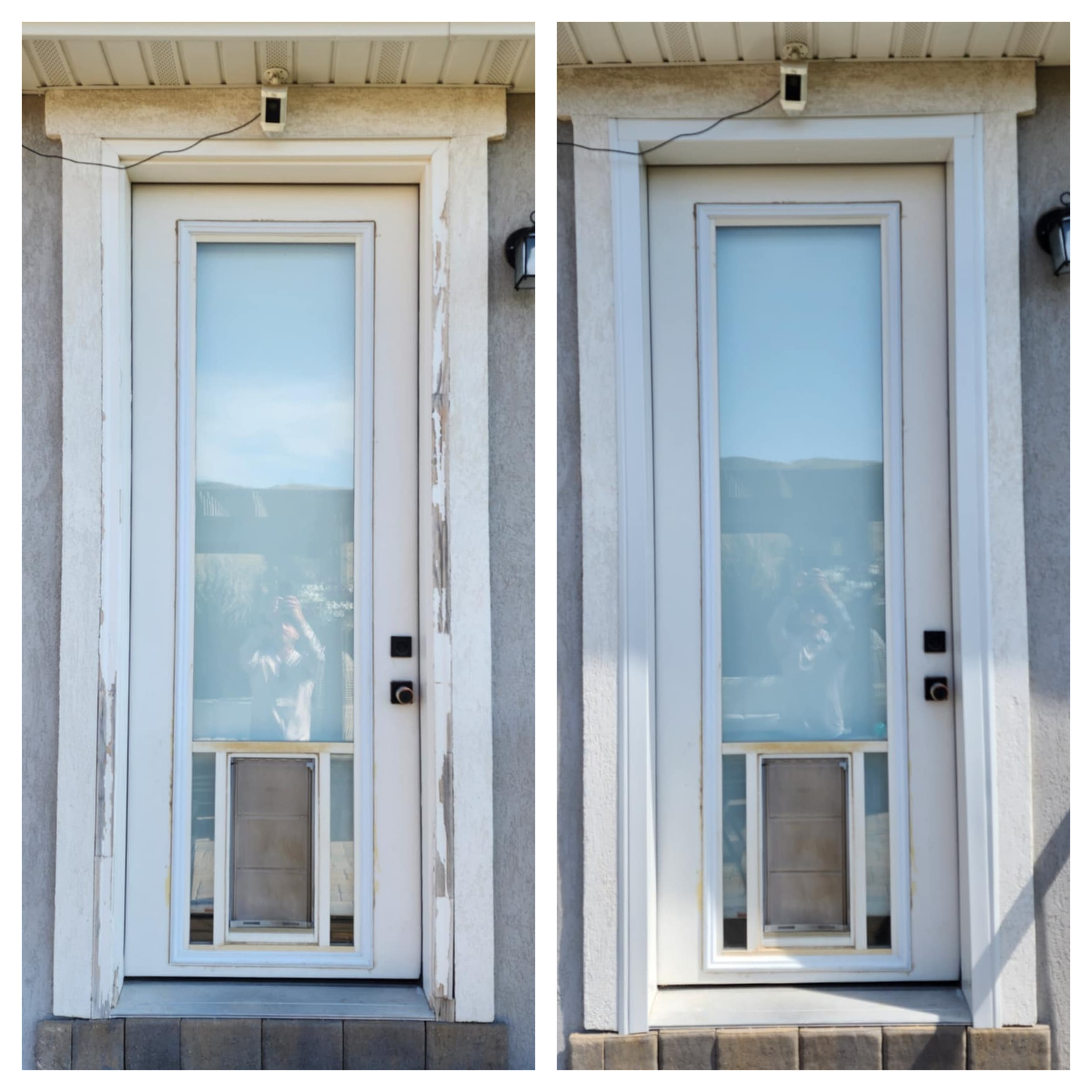 Full glass door before and after white trim wrap