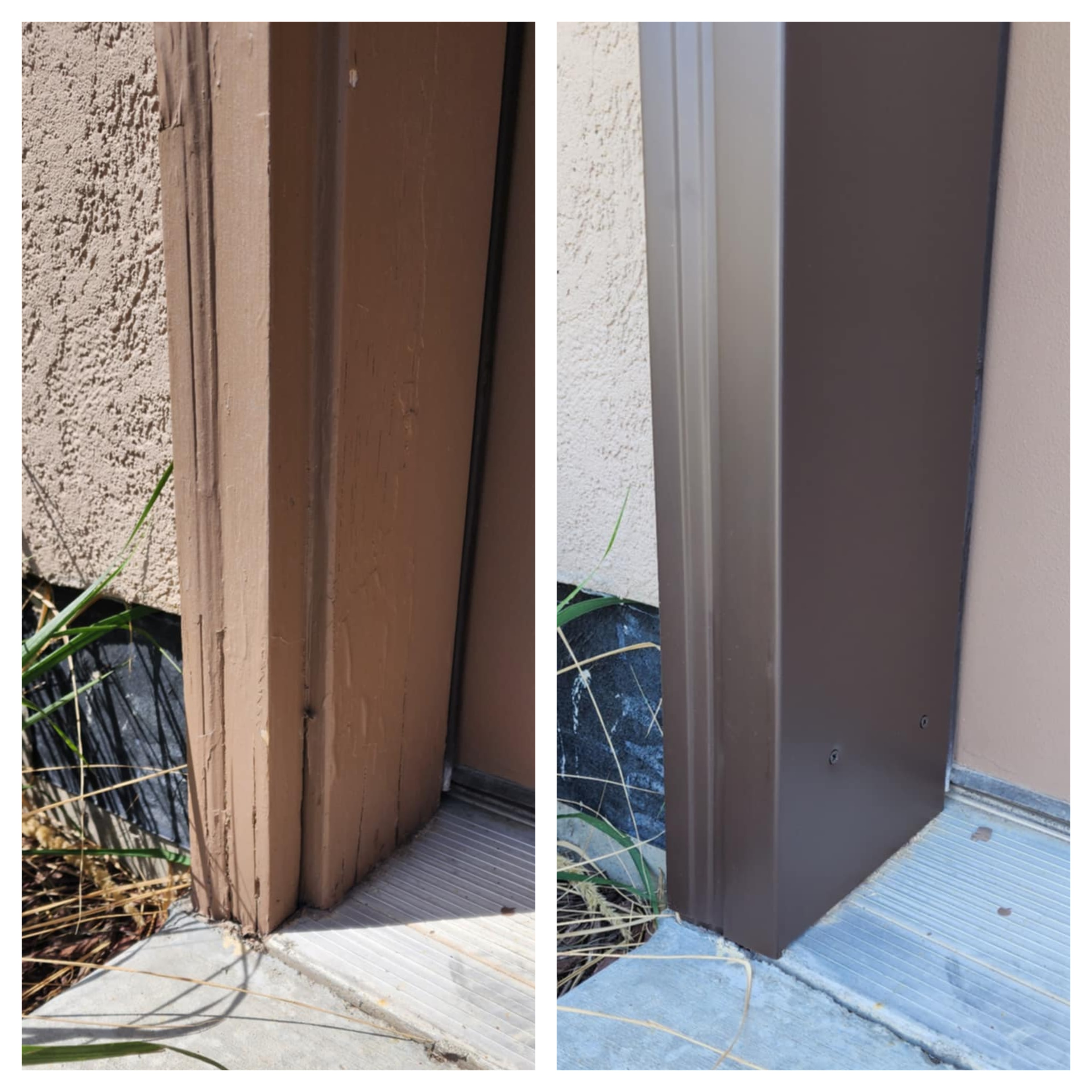 Brown door trim before and after bronze metal wrap