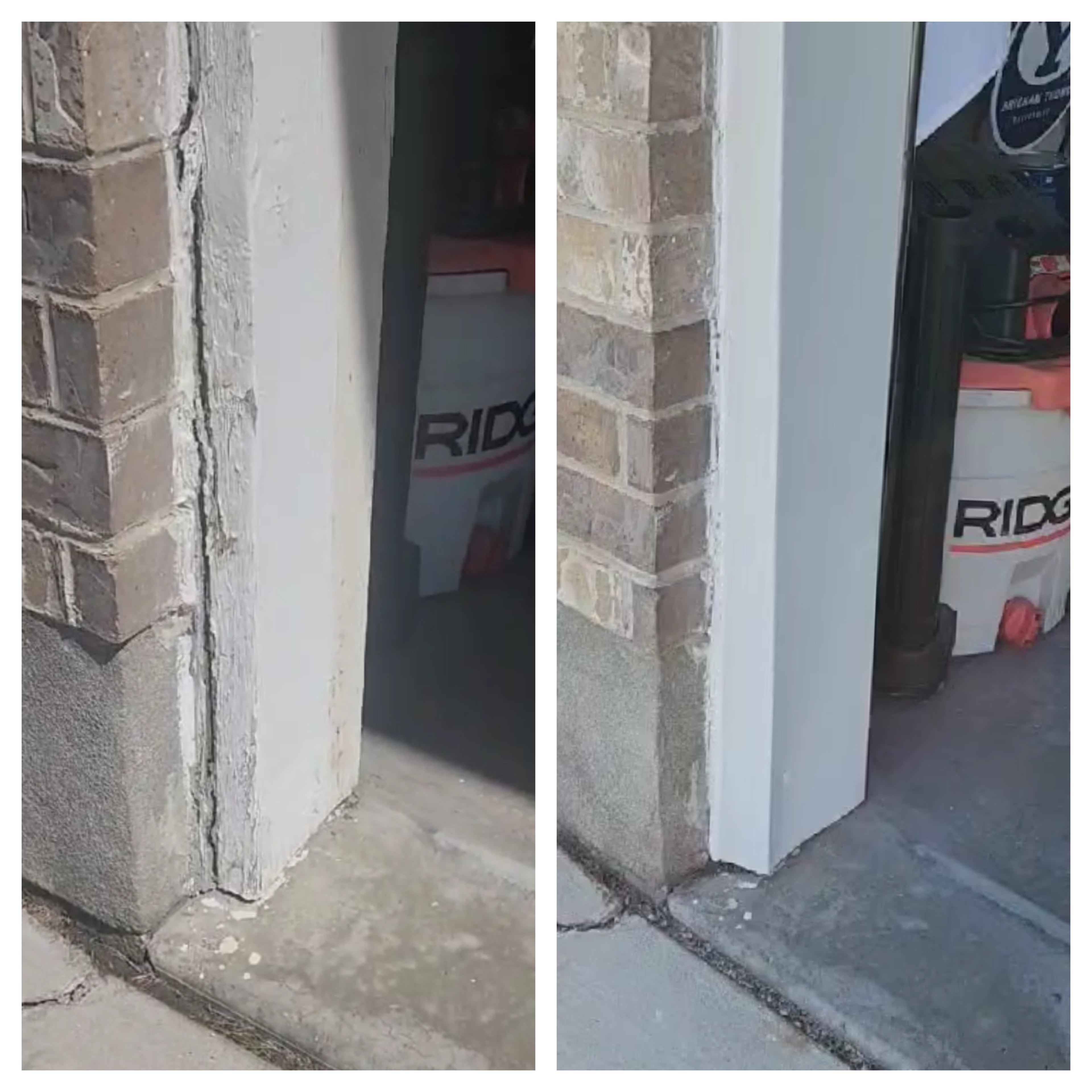 Garage door trim before and after white metal wrap