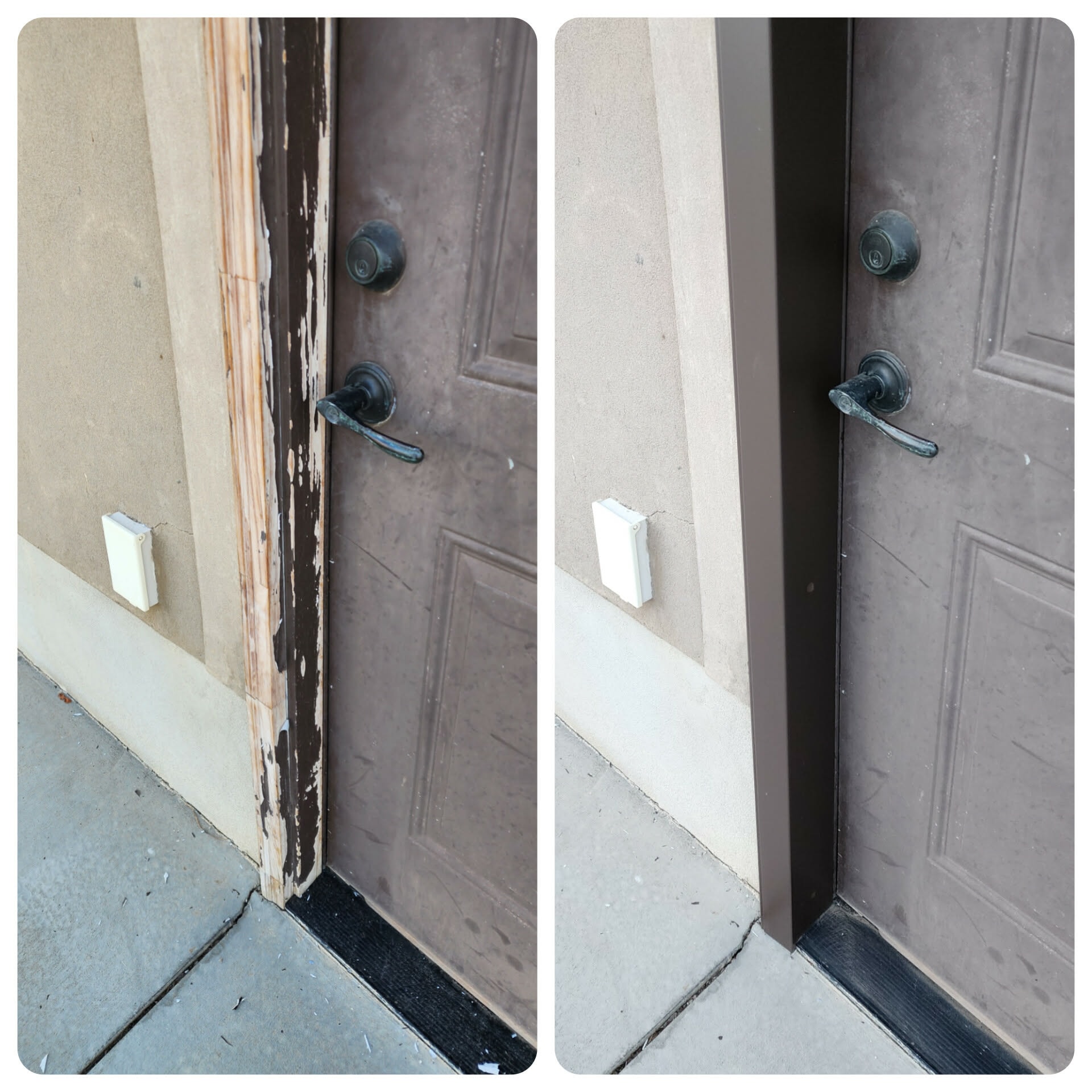 Brown door frame peeling before and after metal trim wrap