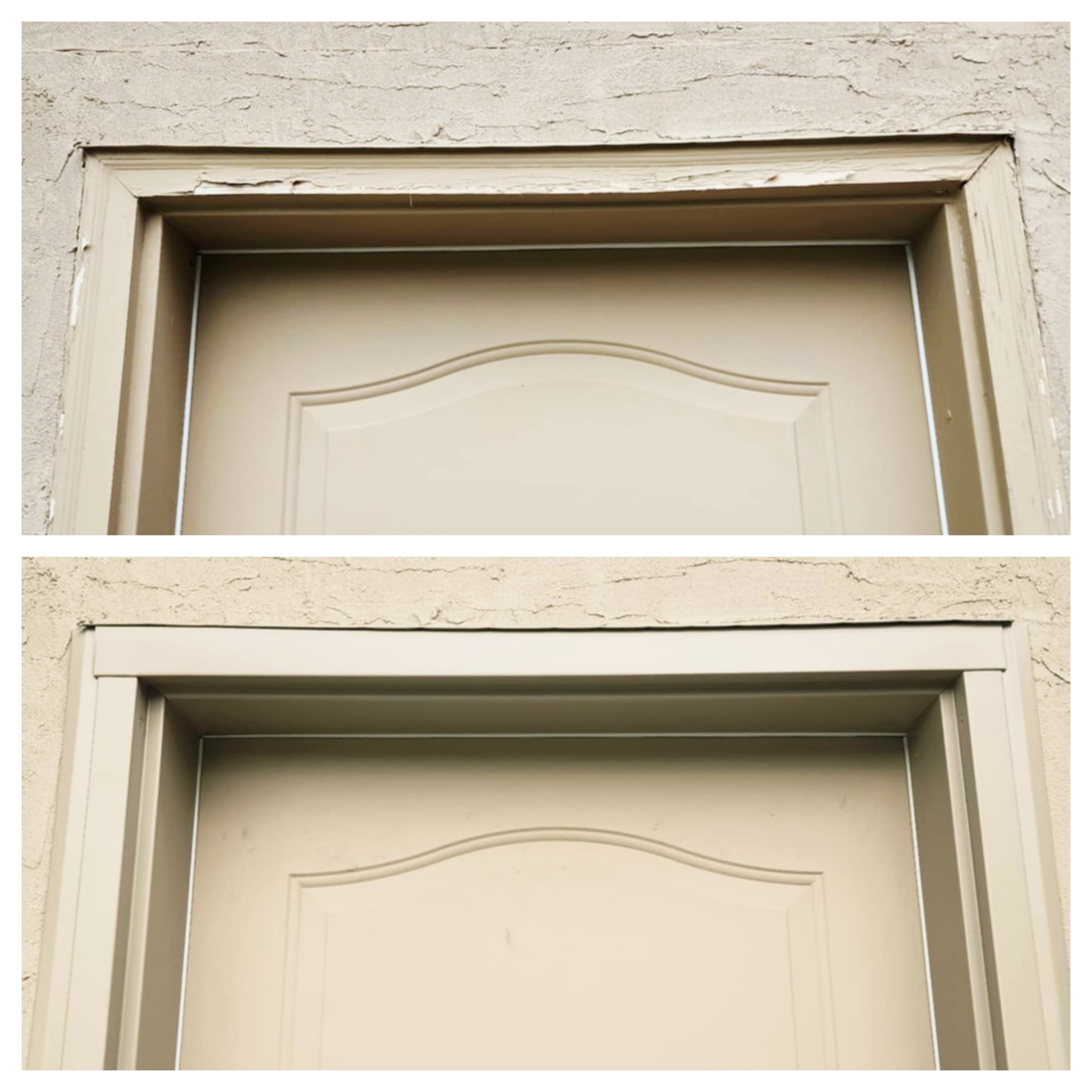 Cream door frame peeling trim before and after wrap