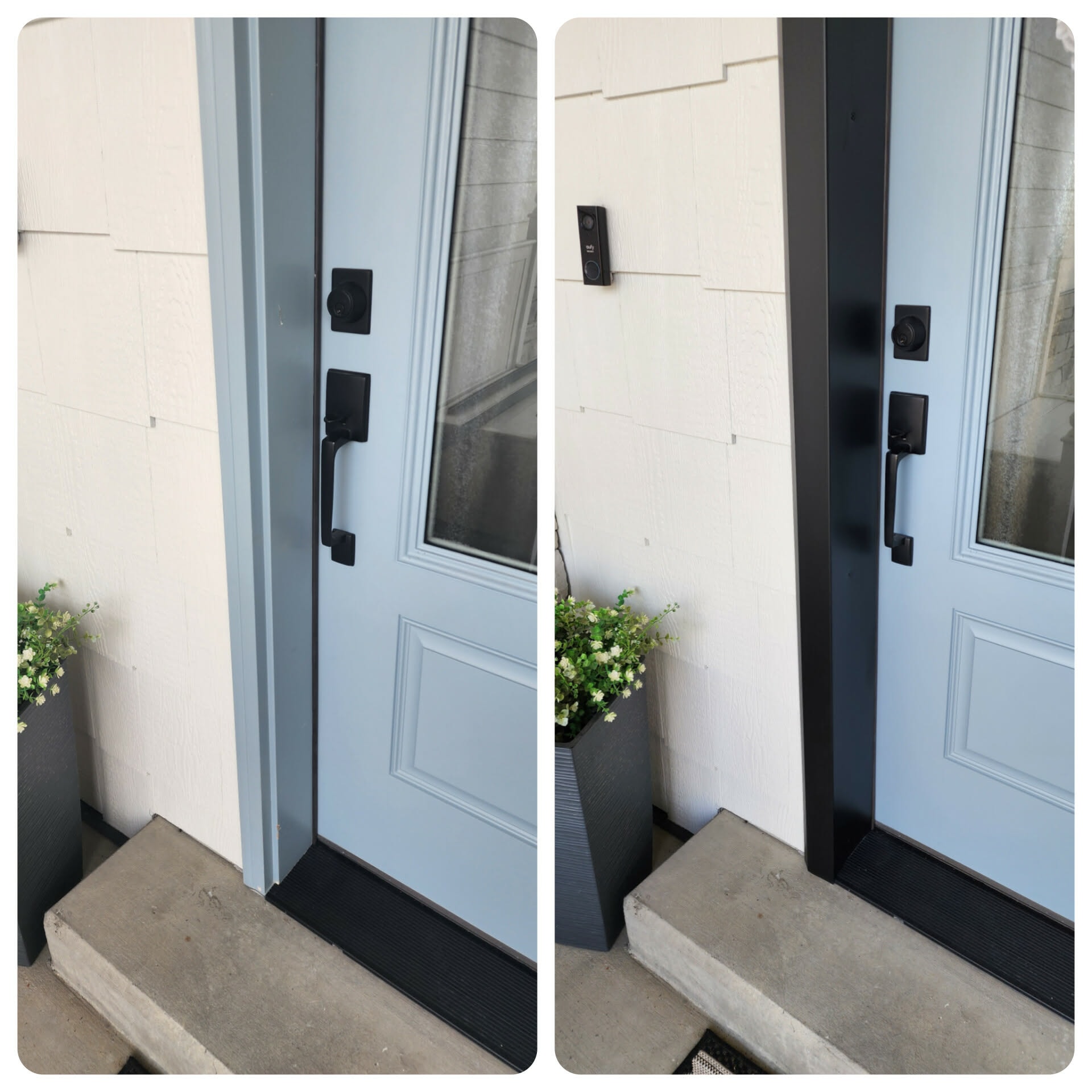 Blue door before and after black trim wrap