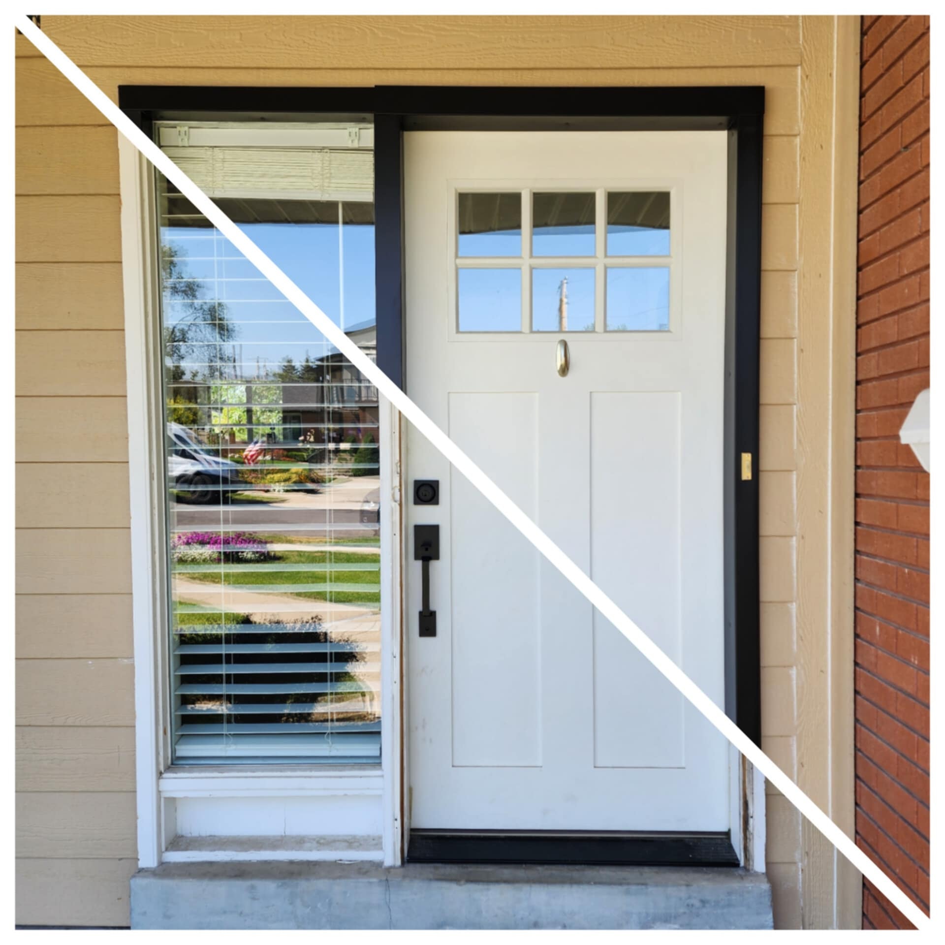 White craftsman door before and after black trim wrap