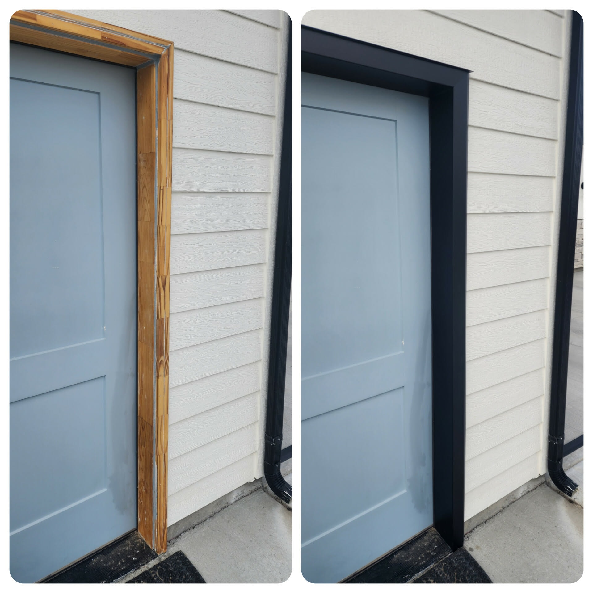 Blue door wood frame before and after dark metal wrap